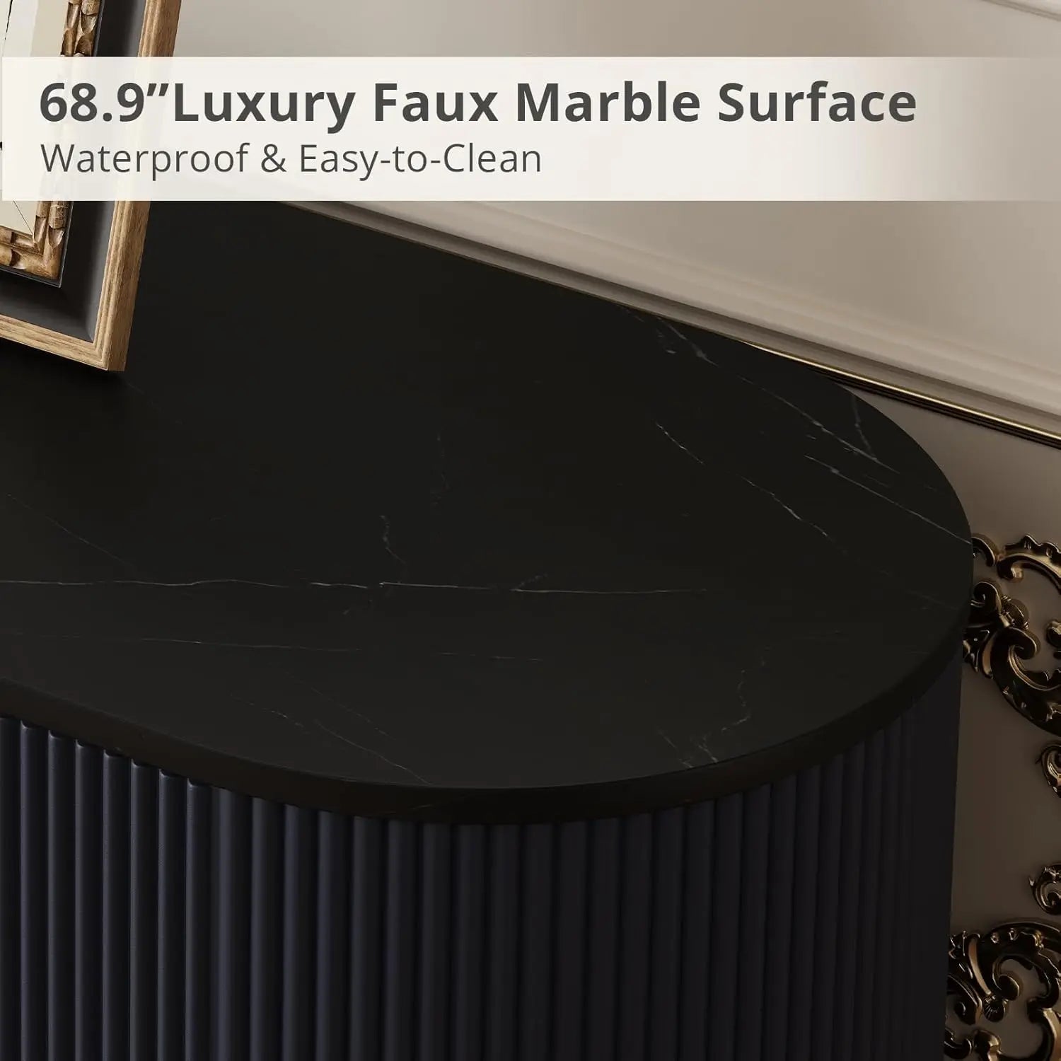 69" Fluted TV Stand Storage Console 3 Drawers & Doors Faux Marble Top Blue Customized