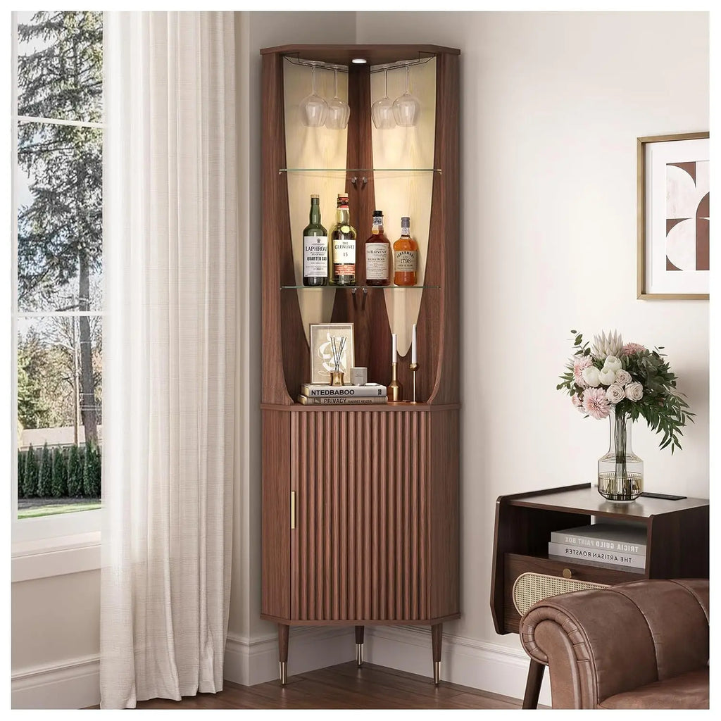 70" Tall Corner Bar Cabinet, Mid-Century Modern Fluted Storage Cabinet with Glass Shelves, Door & LED Lighting,, Customized