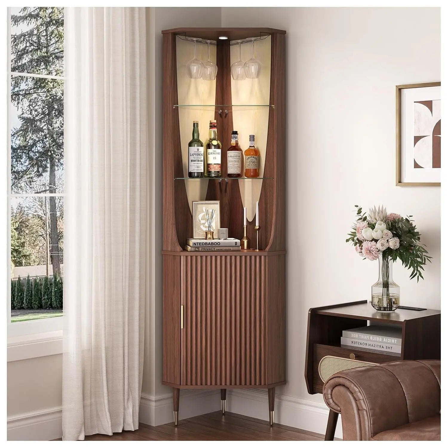70" Tall Corner Bar Cabinet, Mid-Century Modern Fluted Storage Cabinet with Glass Shelves, Door & LED Lighting,, Customized