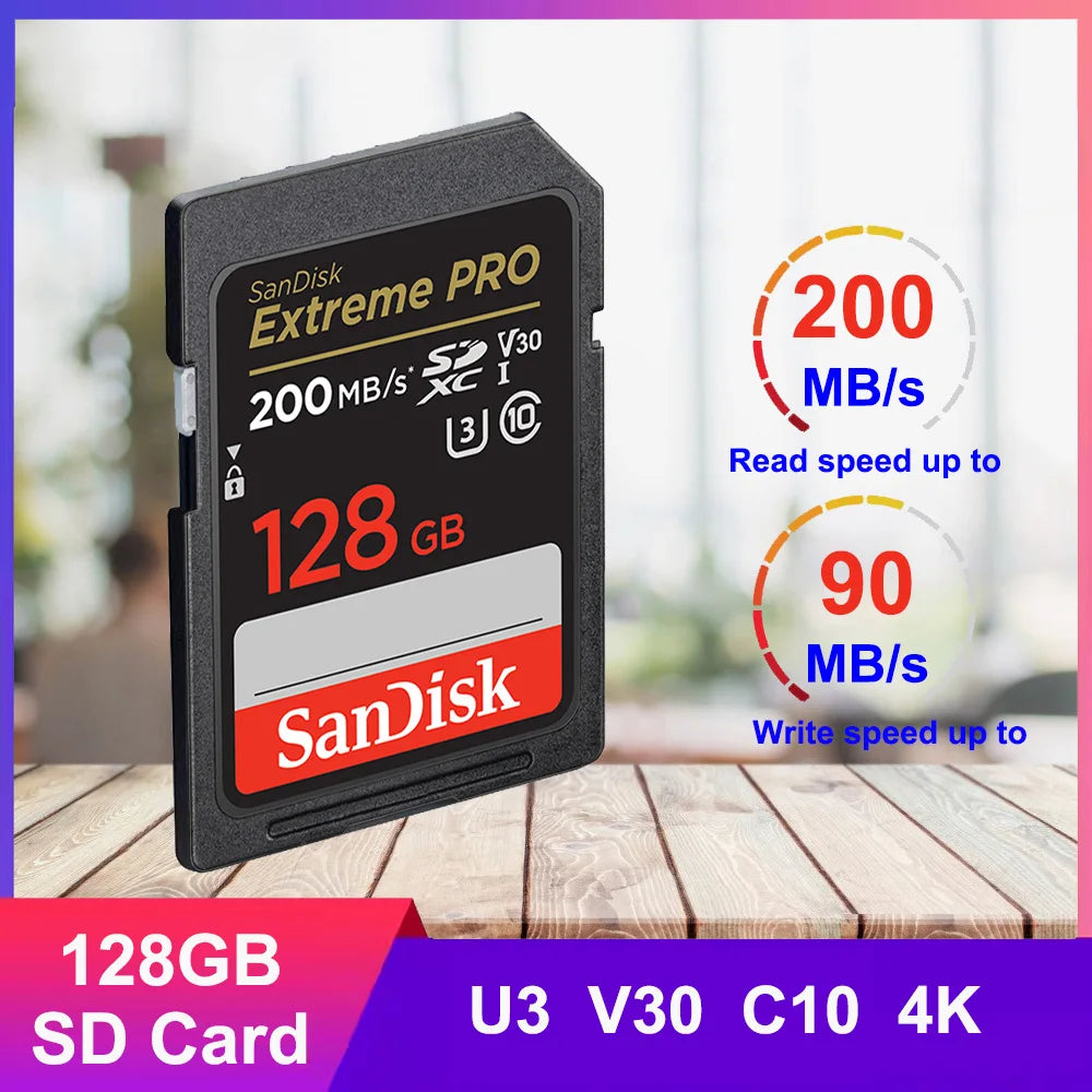 SanDisk SD Card 32GB SDHC 64GB 128GB 256G SDXC SD Card C10 Memory Cards Up to 200MB/s Read U3 V30 Flash Cards 4K UHD for Camera
