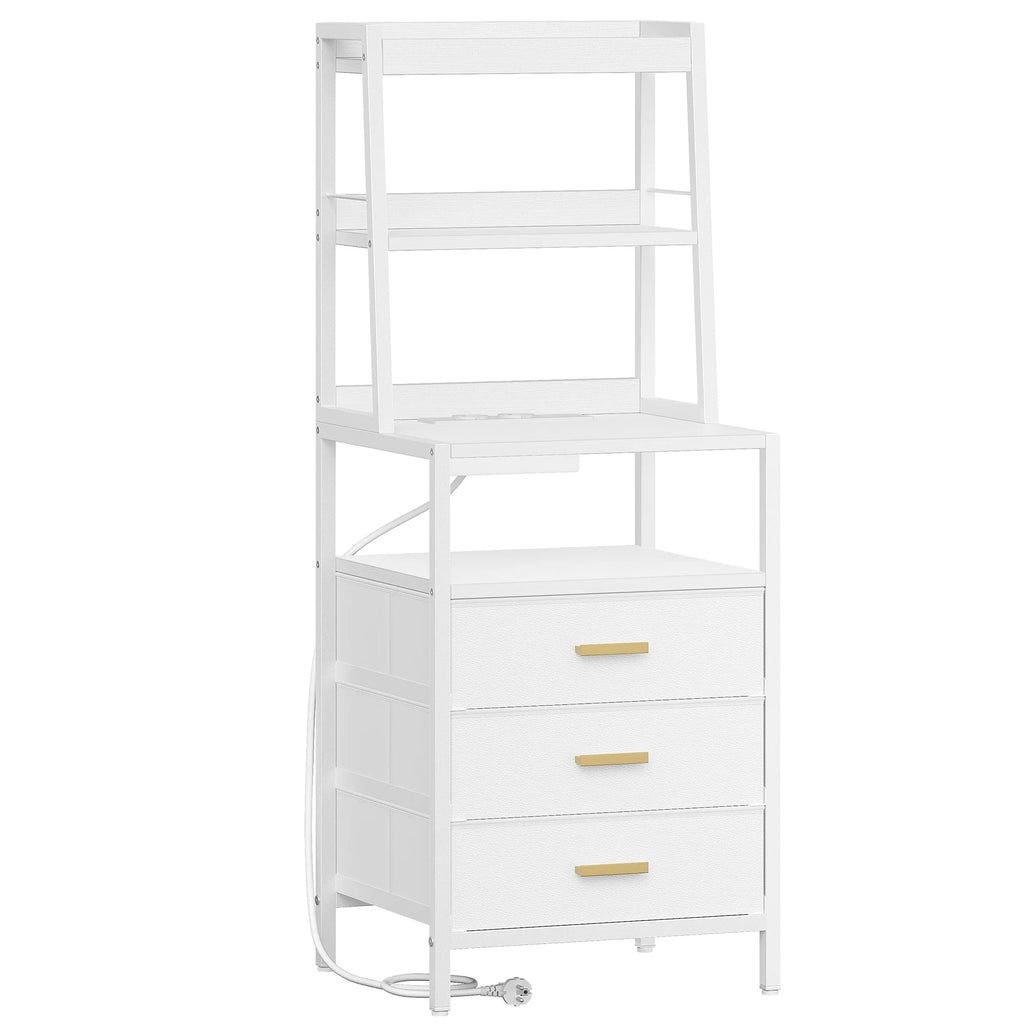 Bedside Table with Charging Function and Storage Compartment Metal 2 Sockets and 2 USB Ports Side Table with 3 Drawers Modern