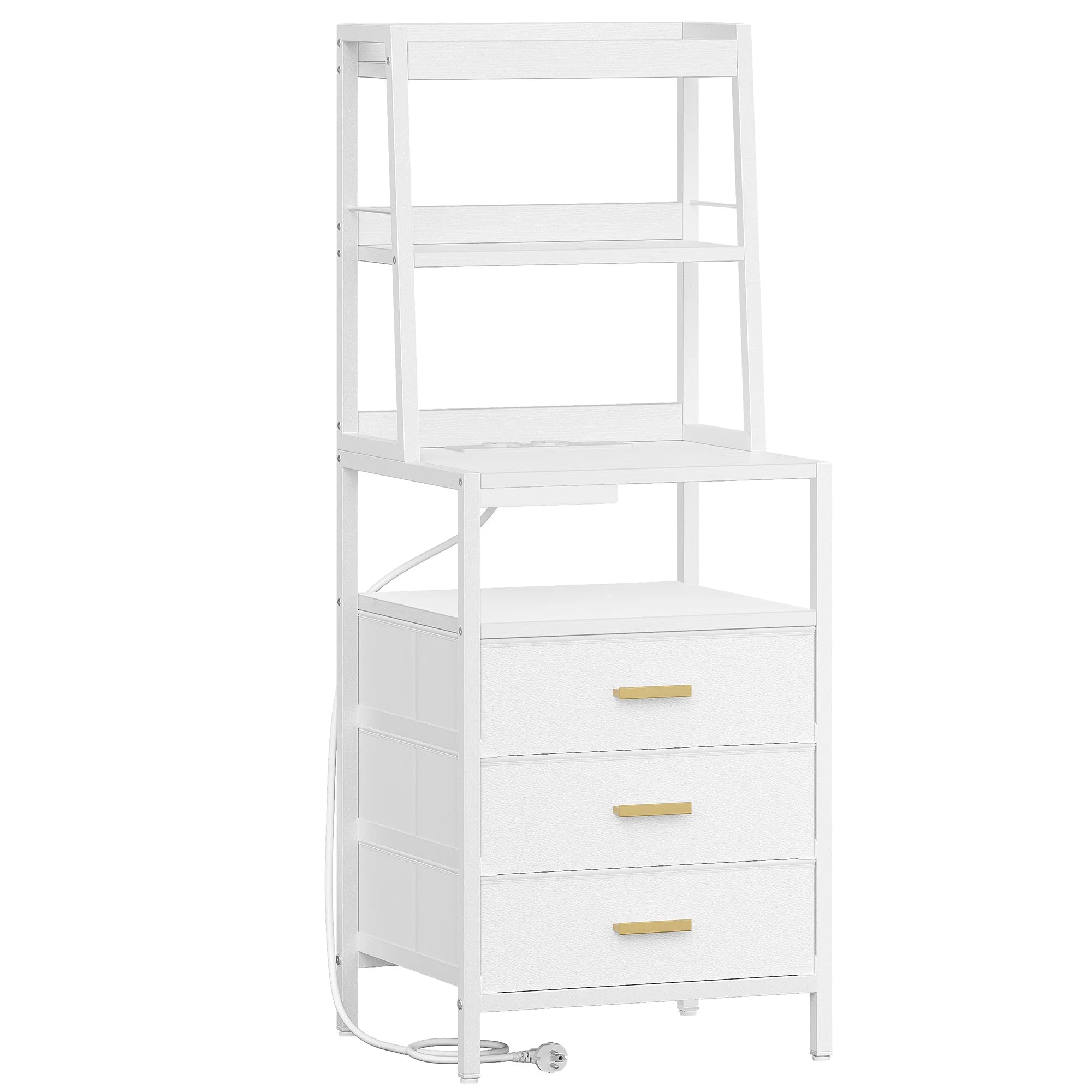 Bedside Table with Charging Function and Storage Compartment Metal 2 Sockets and 2 USB Ports Side Table with 3 Drawers Modern