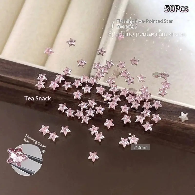 ●50Pcs/pack Star Zircon Nail Rhinestone Nail Art Charm Sparkle 3D Nail Rivet Flat Bottom Nail Decoration Parts