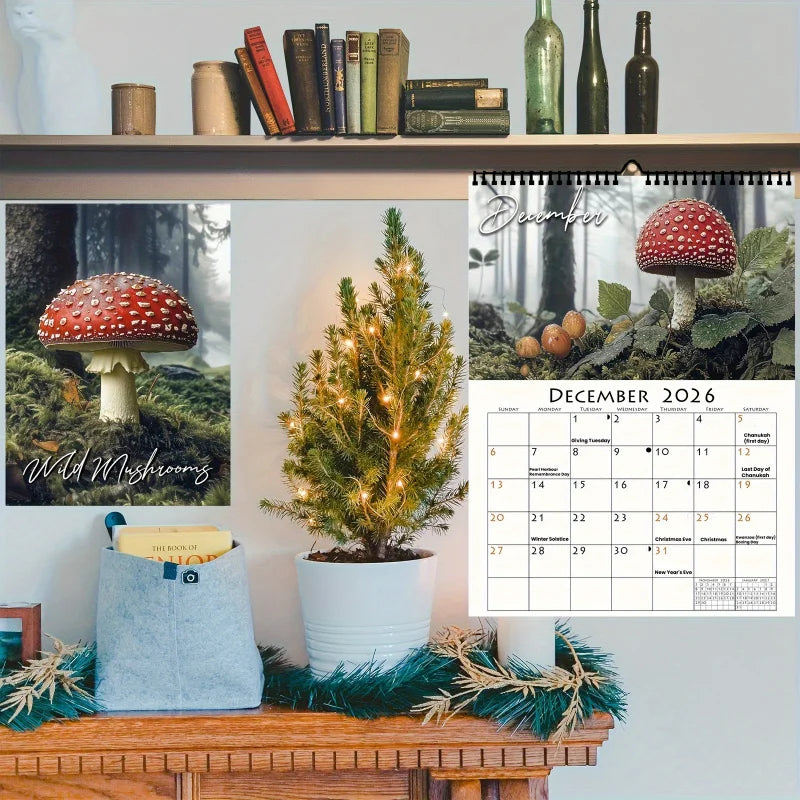 2026 Wild Mushroom Calendar - Red and white spotted mushroom，Including January to December and holidays