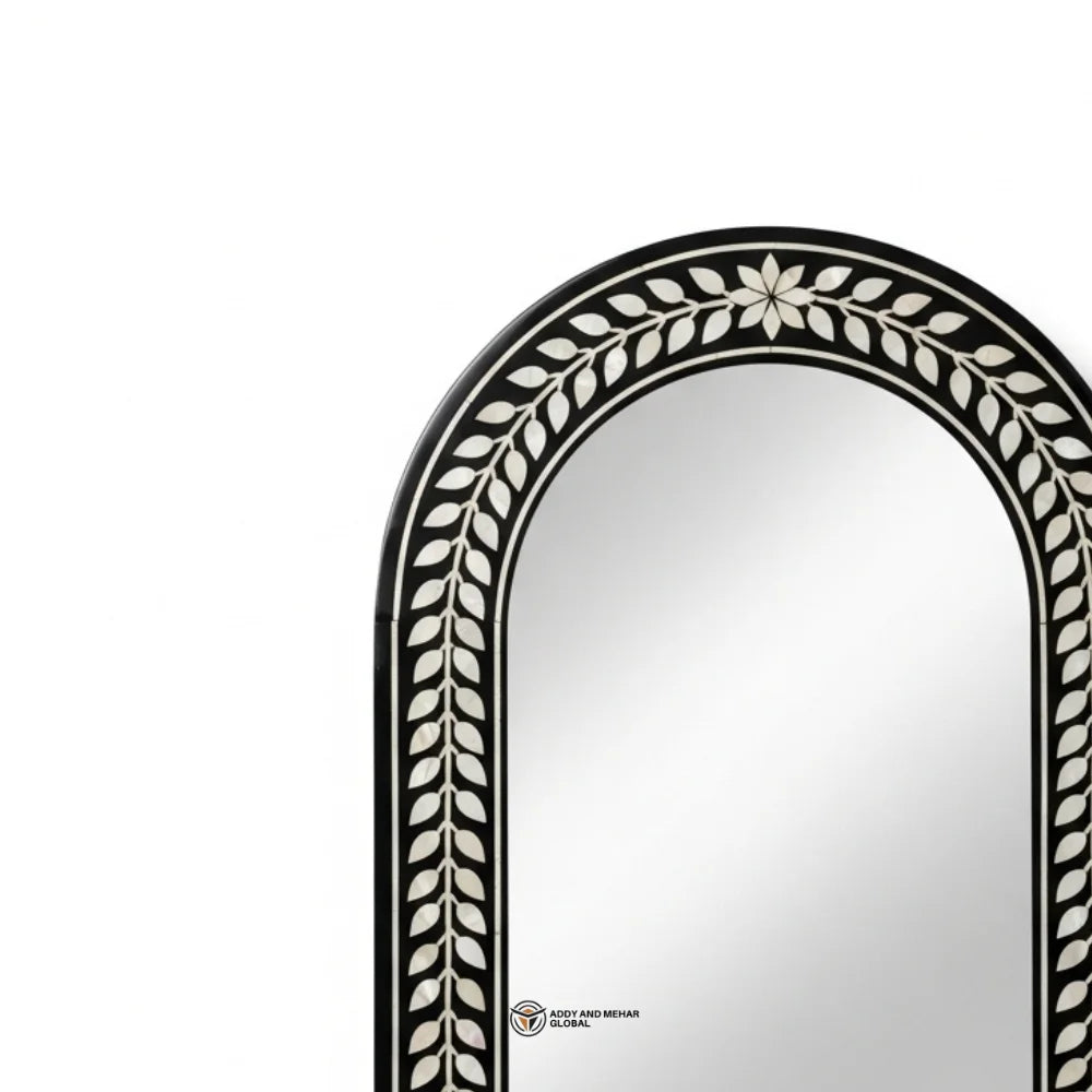 Black & White Leaf Pattern Art Deco MOP Inlay Rectangular MDF Mirror Handmade Eco-Friendly Luxury Wedding Wall Decor