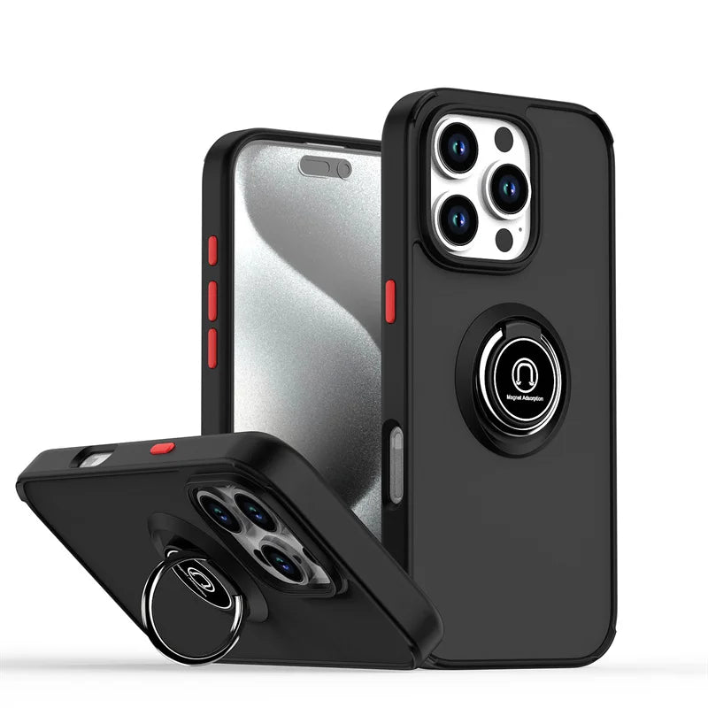 Shockproof Matte Hard PC Armor Case For iPhone 16 15 14 13 12 11 Pro Max Mini XS XR X 16e Car Magnetic Holder Ring Stand Cover