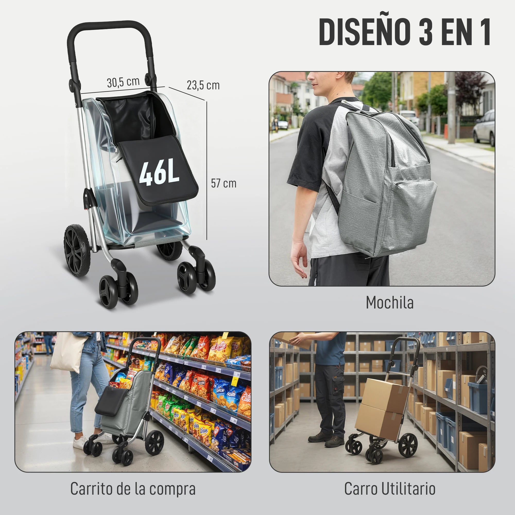 Homcom 46 L Folding Shopping Cart 3 in 1 Cart with 6 Wheels Thermal Bag and Adjustable Handle 44X58X100 cm Gray