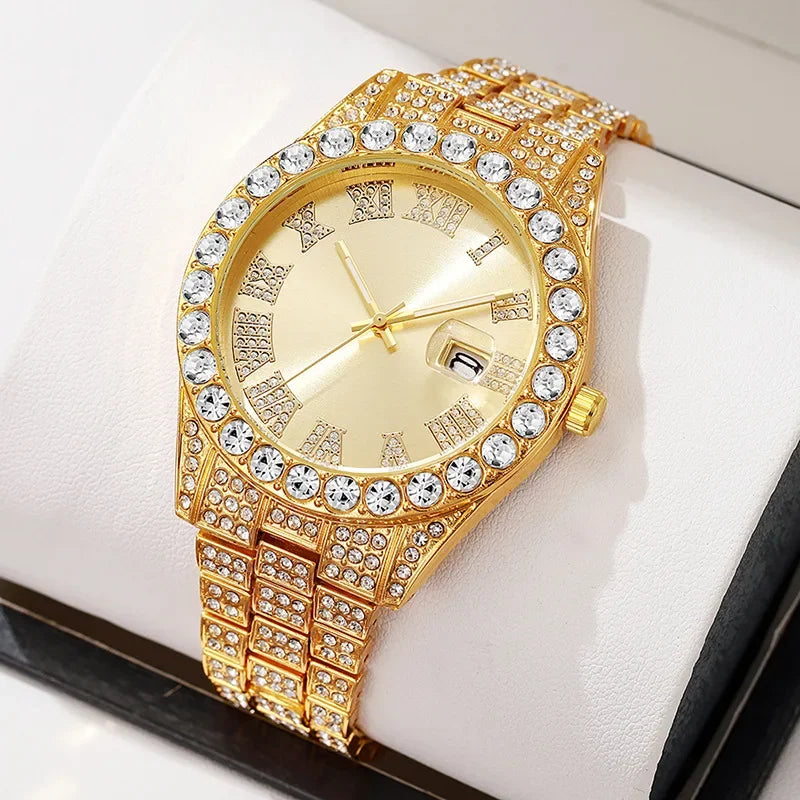 Stainless Steel Men's Watch Full Diamond Gold Quartz Watch Personality Hip-hop Feng Shui Ghost Roman Diamond Inlaid Men's Watch