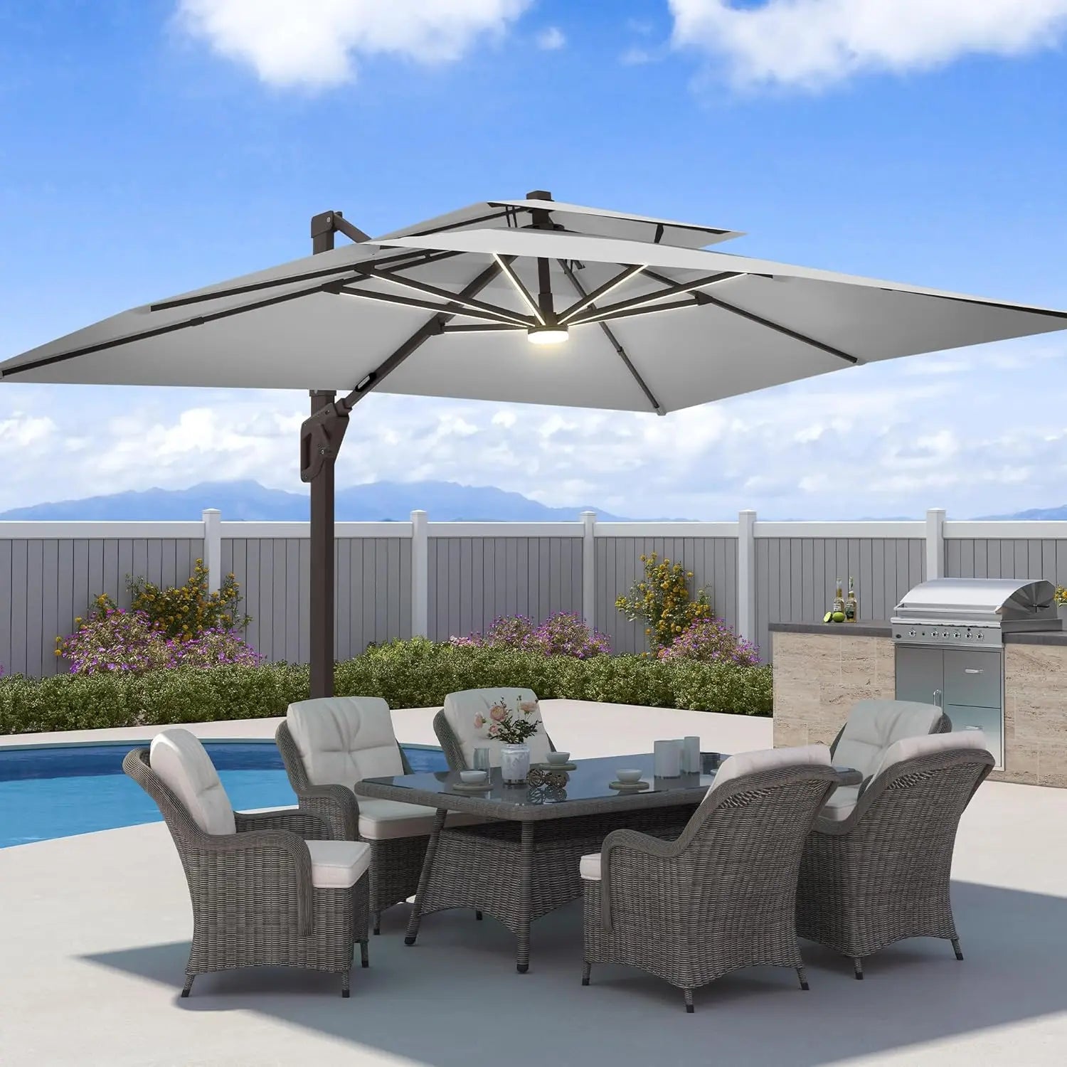 9x12 FT Patio Umbrella with LED Lights Cantilever Outdoor Large Heavy Duty Rectangle Aluminum Offset Umbrellas, Customized