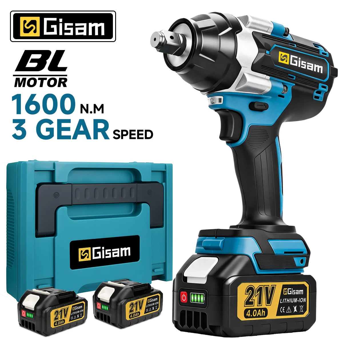 Gisam 1600N.M Brushless Electric Impact Wrench 1/2 inch Lithium-Ion Battery Cordless Wrench Power Tool For Makita 18V BatteryPin