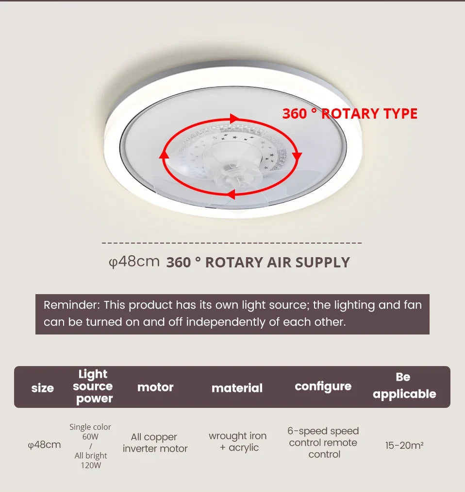LED Modern Ceiling Fan Light, 360 ° Rotation Function, with Light, Remote Unlimited Adjustment, Bedroom Decorative Lighting