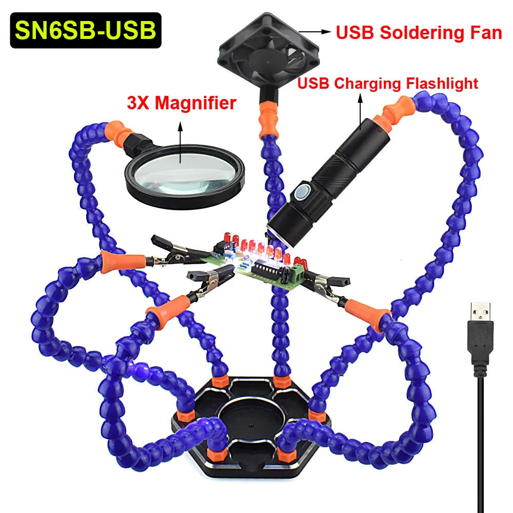 Toolour Helping Hand Soldering Third Hands with 6 Flexible Arms LED Flashlight Magnifying Glass Welding Smoke Exhaust Fan