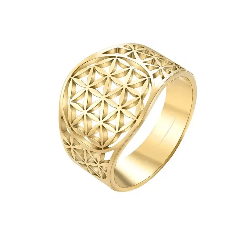 Stainless Steel Big Hollow Flower Of Life Ring Adjustable Sacred Geometry Rings For Women Men Jewelry
