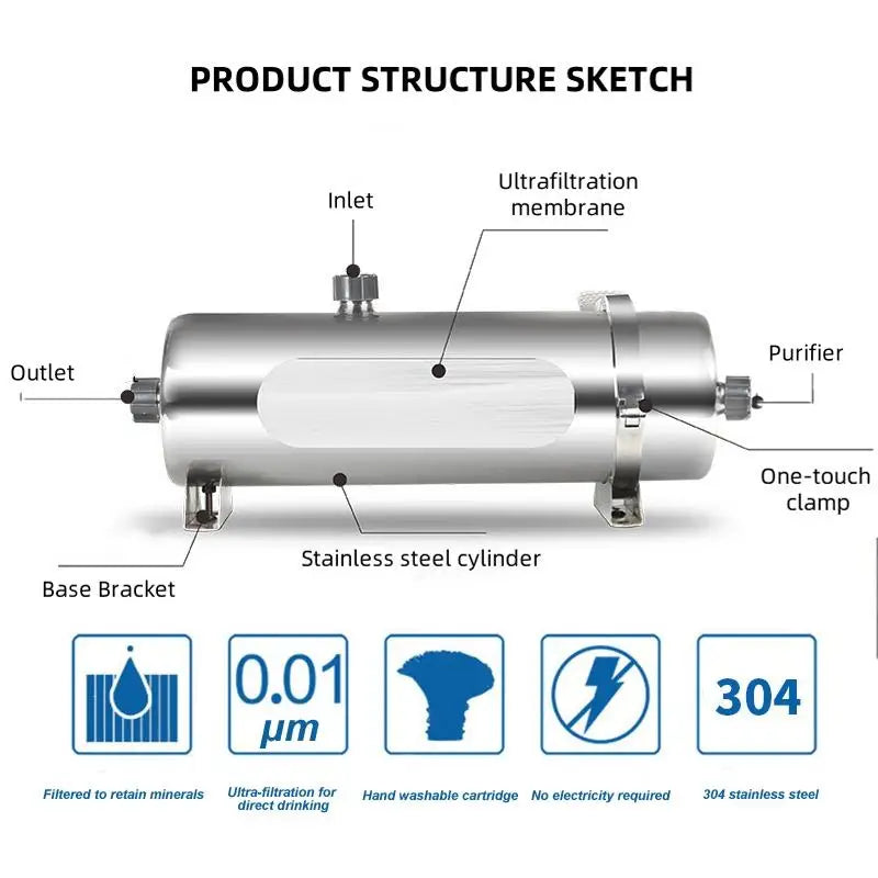 5000L/H Whole House Pipeline Water Filter 304 Stainless Steel Central Purifier 0.01μm UF Membrane Water Purifier