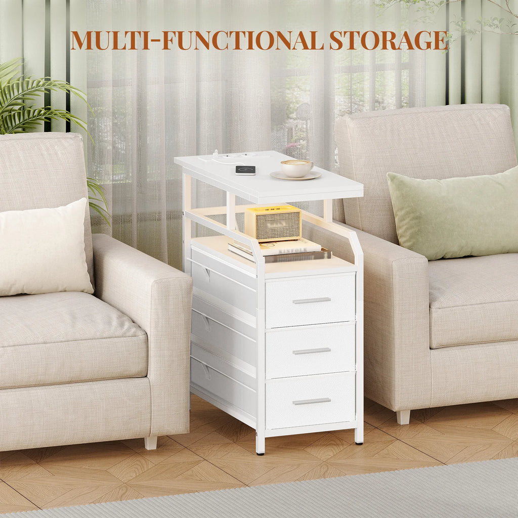 Side Table with Power Strip, Bedside Table with LED Light, Nightstand with 3 Drawers, 2 AC Outlets and 2 USB Ports