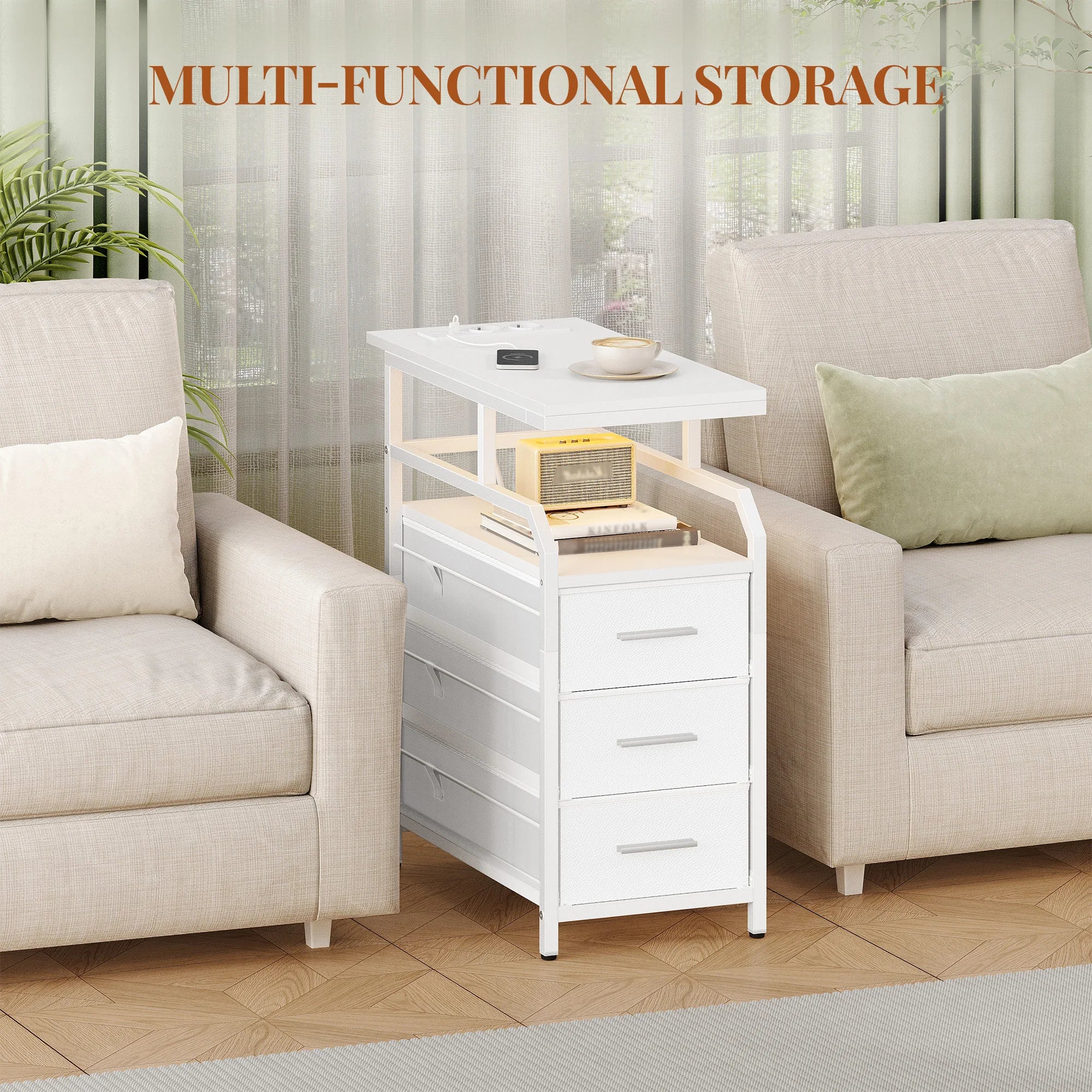 Side Table with Power Strip, Bedside Table with LED Light, Nightstand with 3 Drawers, 2 AC Outlets and 2 USB Ports