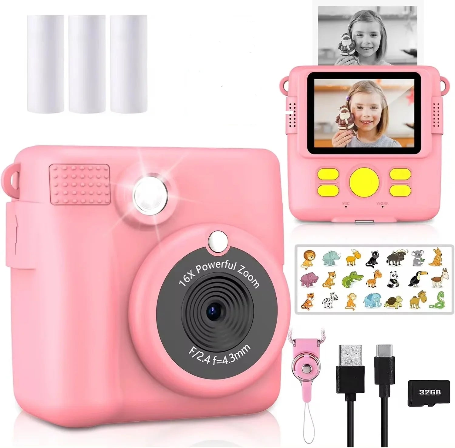 1080P Kids Camera Instant Print Portable Kids Camera with  32GB Card3 and Rolls Photo Paper , Perfect Gift for Toddlers