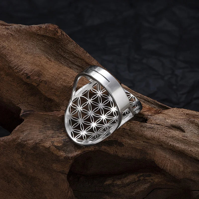 Stainless Steel Big Hollow Flower Of Life Ring Adjustable Sacred Geometry Rings For Women Men Jewelry