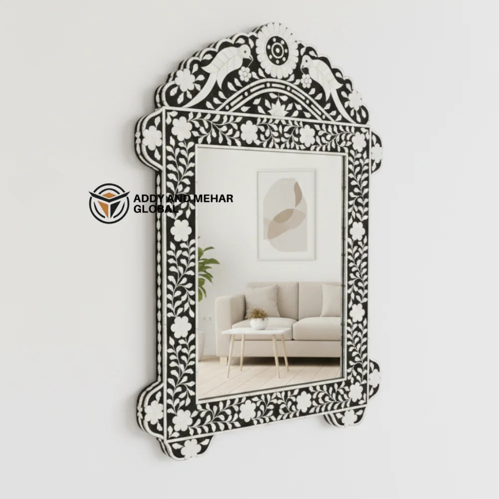 Black in White Bone Inlay Art Deco Eco-Friendly Wedding Wall Mirror Elegant Handcrafted Designer Mirror