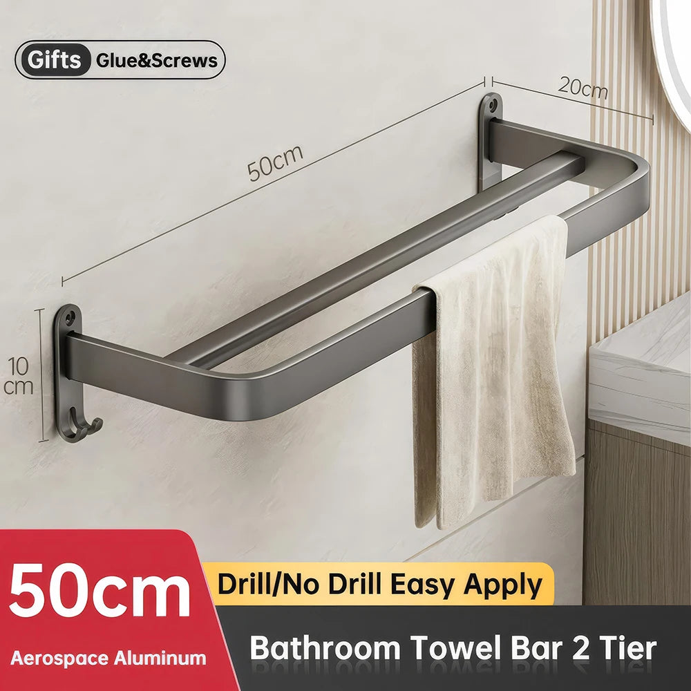 ORIENTAL YUHONG Aluminium Towel Rack Holder Double Bar Towel Hanger No Drill Wall Mount Shelf 40/50/60CM Bathroom Accessories