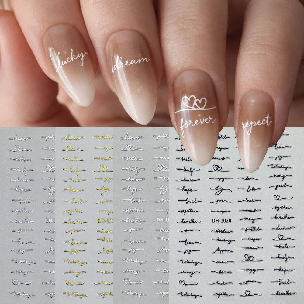 2pcs English Letter Vintage 3D Nail Art Stickers Love Letter Alphabet Vintage Gold Silver Black White Nail Decals DIY Manicures