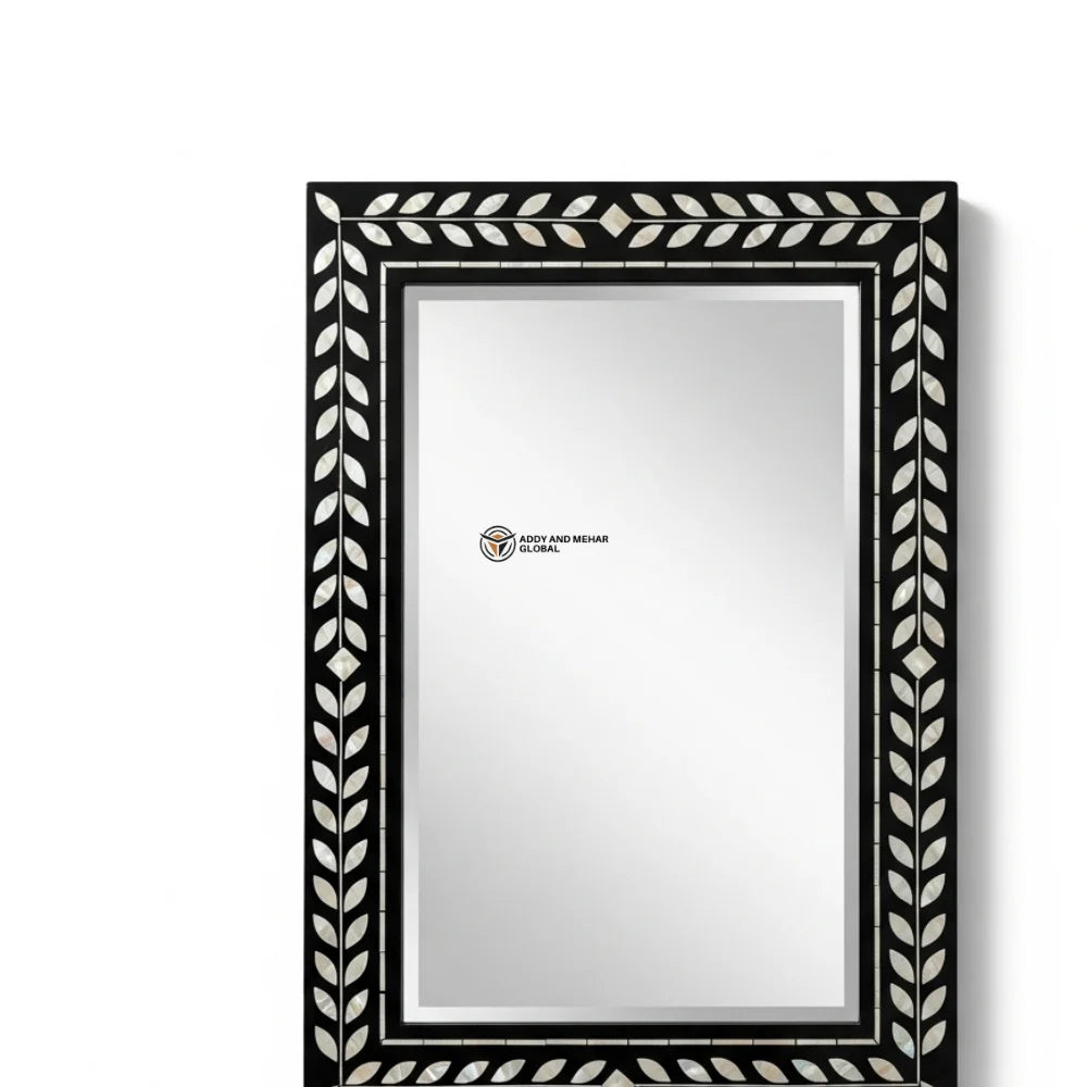 Luxury Art Deco Square Wedding MOP Inlay Decorative Mirror Intricate Leaf Motif Deep Black Wooden Frame Handmade Eco-Friendly