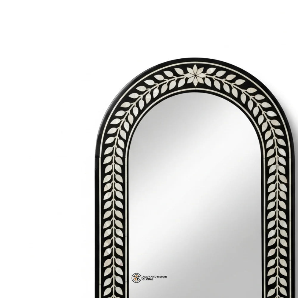 Black & White Leaf Pattern Art Deco MOP Inlay Rectangular MDF Mirror Handmade Eco-Friendly Luxury Wedding Wall Decor