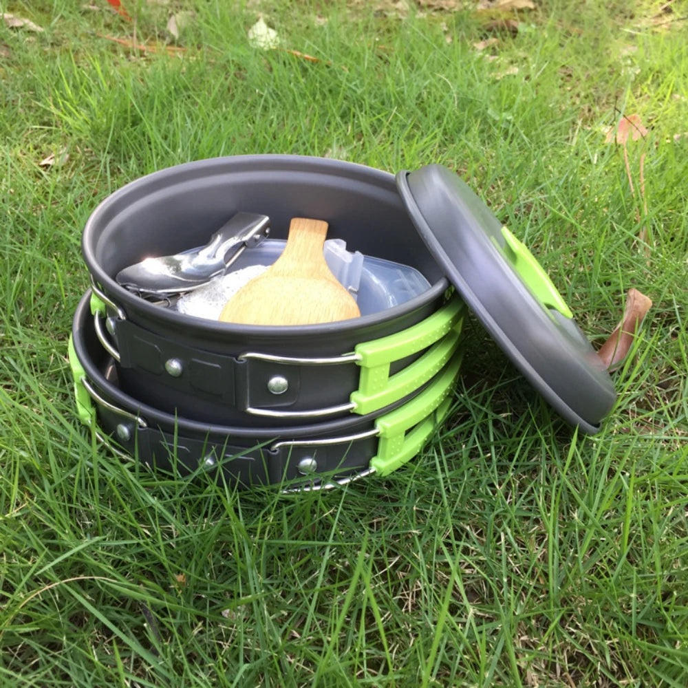 1.8L outdoor lightweight aluminum alloy mini cooking kit with non stick pot nested storage and portable design, easy to carry