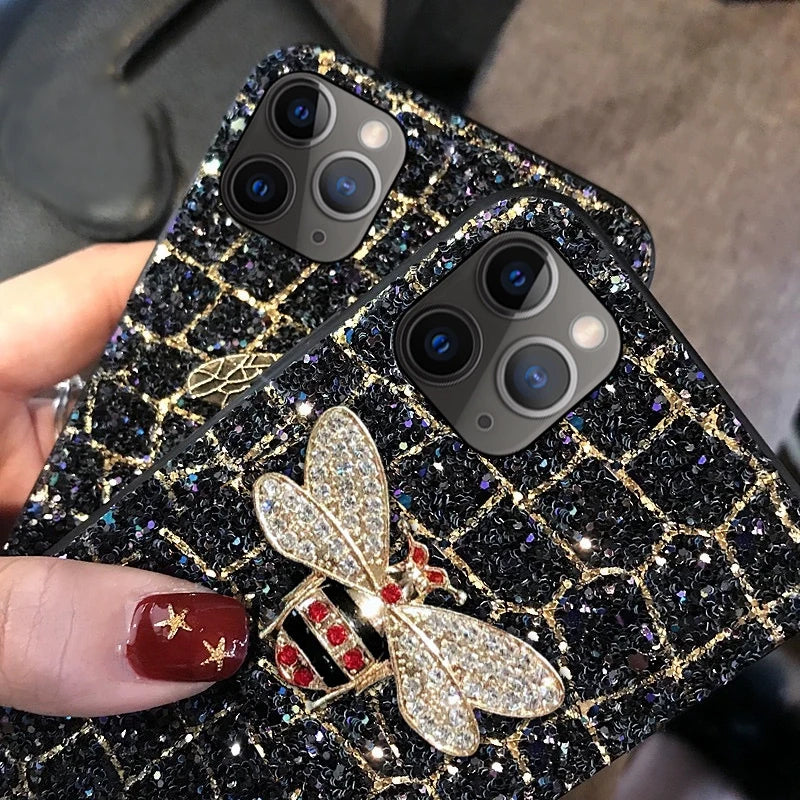 Luxurious Glitter Diamond Bee Phone Case For iPhone17 16 15 14 13 12 11 Pro MAX Plus + Bling Cover For iPhone17 promax