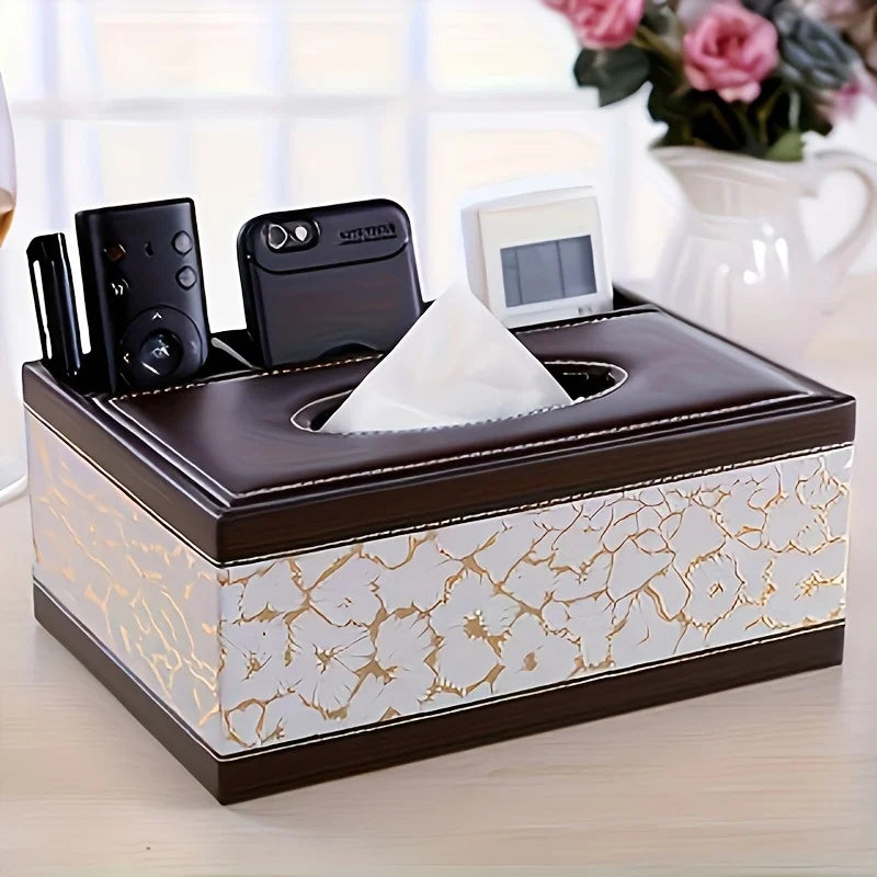 Elegant Faux Leather Tissue Box Cover with Remote Holder - Stylish Living Room Decor, Desktop Storage Organizer
