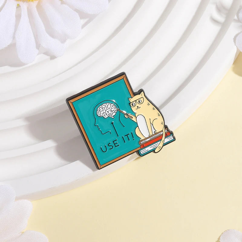 Cute Cat Teacher Brooch Enamel Pin Cat Teaching Use It Brain Encourage Thinking Brooches Clothes Lapel Badge Animal Jewelry Gift
