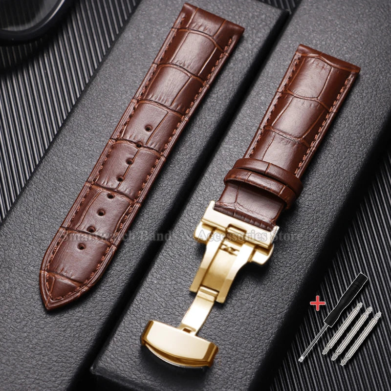 10/12/14/15/16/17/18/19/20/21/22/23/24mm Cowhide Leather Watch Strap Waterproof Sport Wrist Band Metal Butterfly Buckle Bracelet