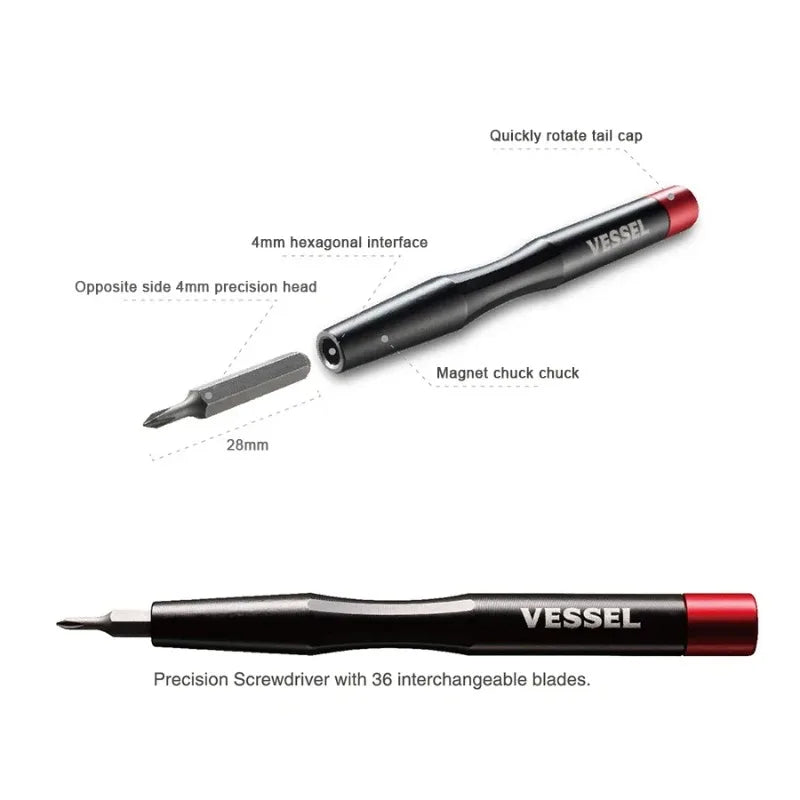 VESSEL 9836 Precision Screwdriver Set 36 pcs, Replaceable Screwdriver Bits Mini Screwdriver for Camera Watch Glass Repair Tool