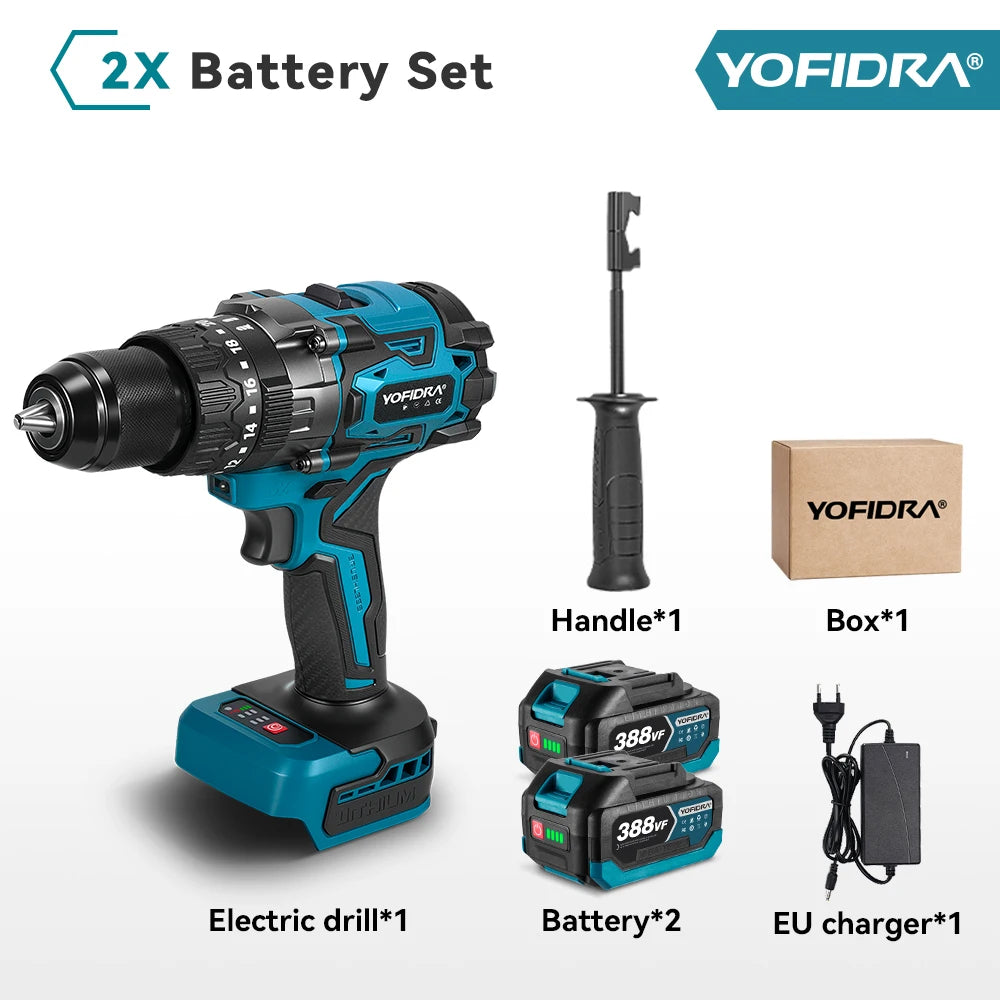 YOFIDRA 900N.M 13MM Brushless Electric Impact Drill 20+3 Torque Handheld Drilling Screwdriver Power Tool For Makita Battery Pin