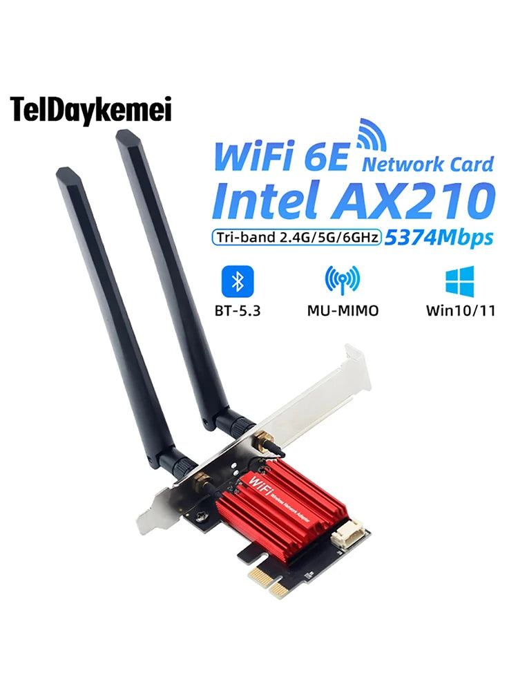 Wifi6e PCI-E Wifi Adapter AX210 5374Mbps Bluetooth 5.3 Tri Band 2.4G/5G/6G Wireless Network Card Windows 10 11 For PC