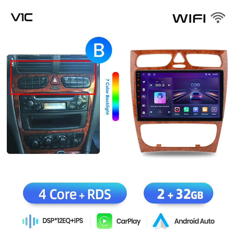 Junsun Wireless CarPlay Android Auto Car Radio For Mercedes-Benz C-Class (W203) / CLK-Class (C209/A209) 2000-2009 Built-in Cooling Fan Android GPS Navigation Multimedia Player WiFi DSP RDS BT SWC IPS Touch Screen Autoradio Vi