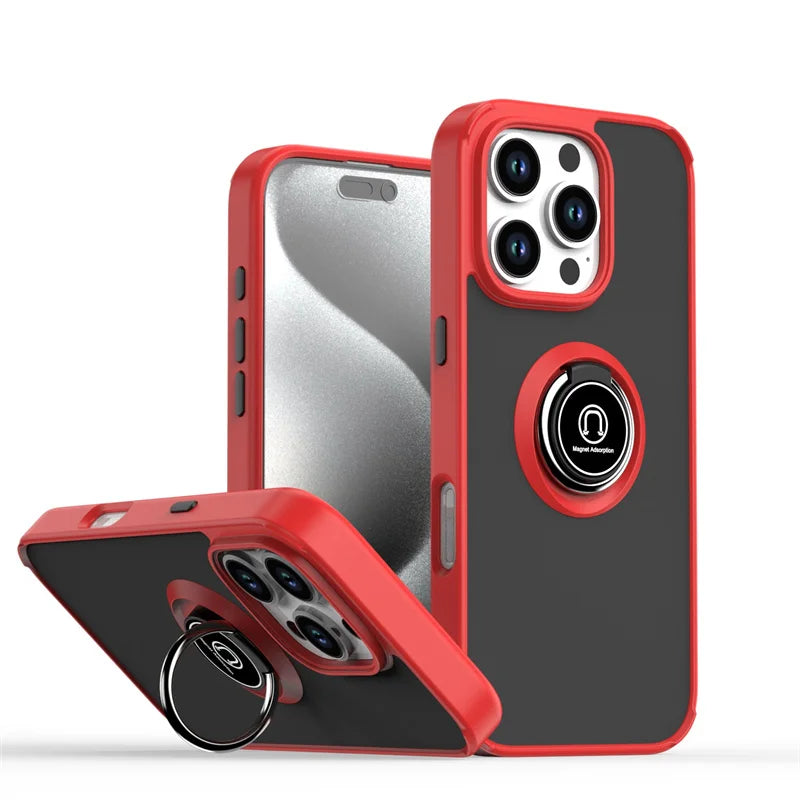 Shockproof Matte Hard PC Armor Case For iPhone 16 15 14 13 12 11 Pro Max Mini XS XR X 16e Car Magnetic Holder Ring Stand Cover