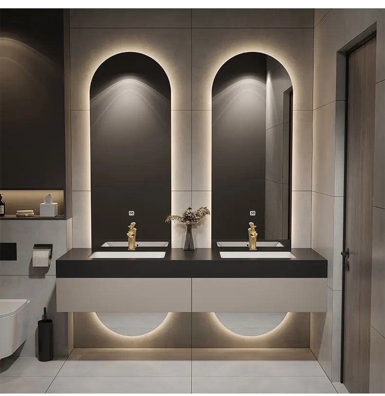 Designer Customized High-end Villa Light Luxury Rock Slab Integrated Basin Bathroom Cabinet Combination Double Mirror Wash