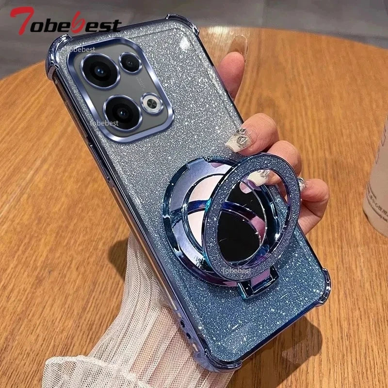 Glitter Shockproof Silicone Case For OPPO Reno 13 12 12F 11 11F 10 9 8 7 Pro Plus 4G 5G Mirror Magnetic Holder Stand Soft Cover