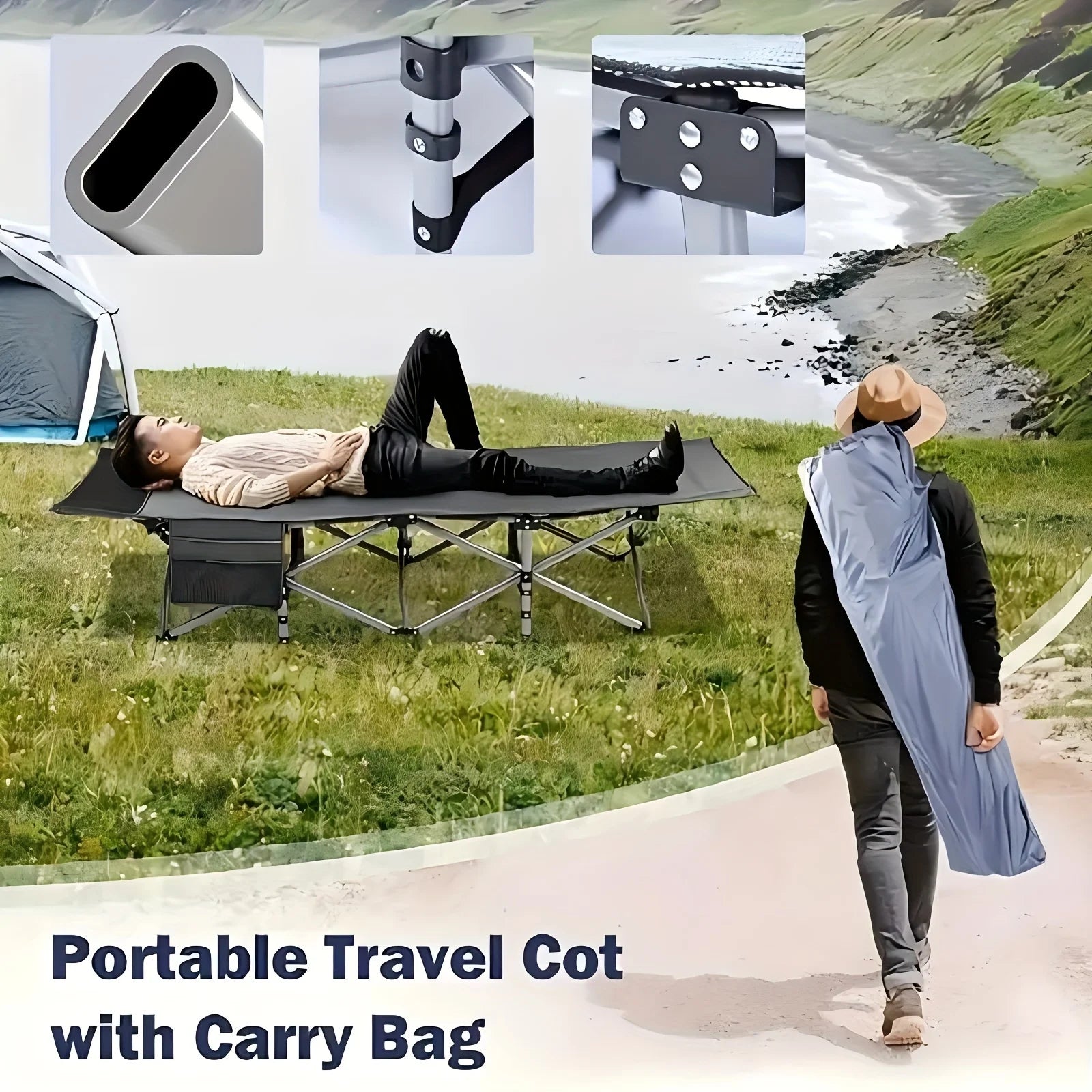 75 -inch large folding sports outdoor bed, stadium bed with double -sided mattress, portable foldable guest bed.