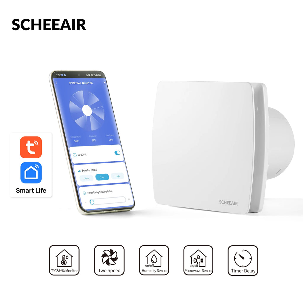 SCHEEAIR 100mm Smart Life  WIFI  Bathroom  Fan Nova100 with Humidity Sensor Motion Sensor Timer