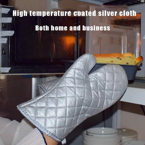 1pair Oven Mitts Kitchen Oven Microwave Gloves High Heat Resistant Long Oven Mitts Anti-scalding Silver Cloth Gloves