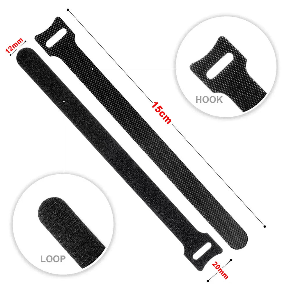 Black Releasable Cable Ties Nylon Loop Hoop Fastener Tape Cord Straps Wire Organizer Multi-Purpose Bundling Wrap Tie