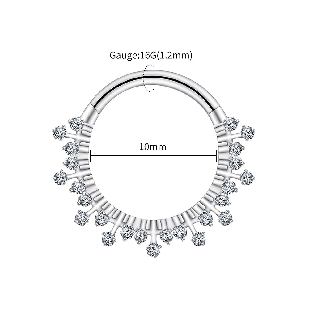 Right Grand ASTM F136 Titanium 16G CZ Hinged Clicker Segment Hoop Ring Sunburst CZ Daith Earring Septem Nose Piercing Jewelry