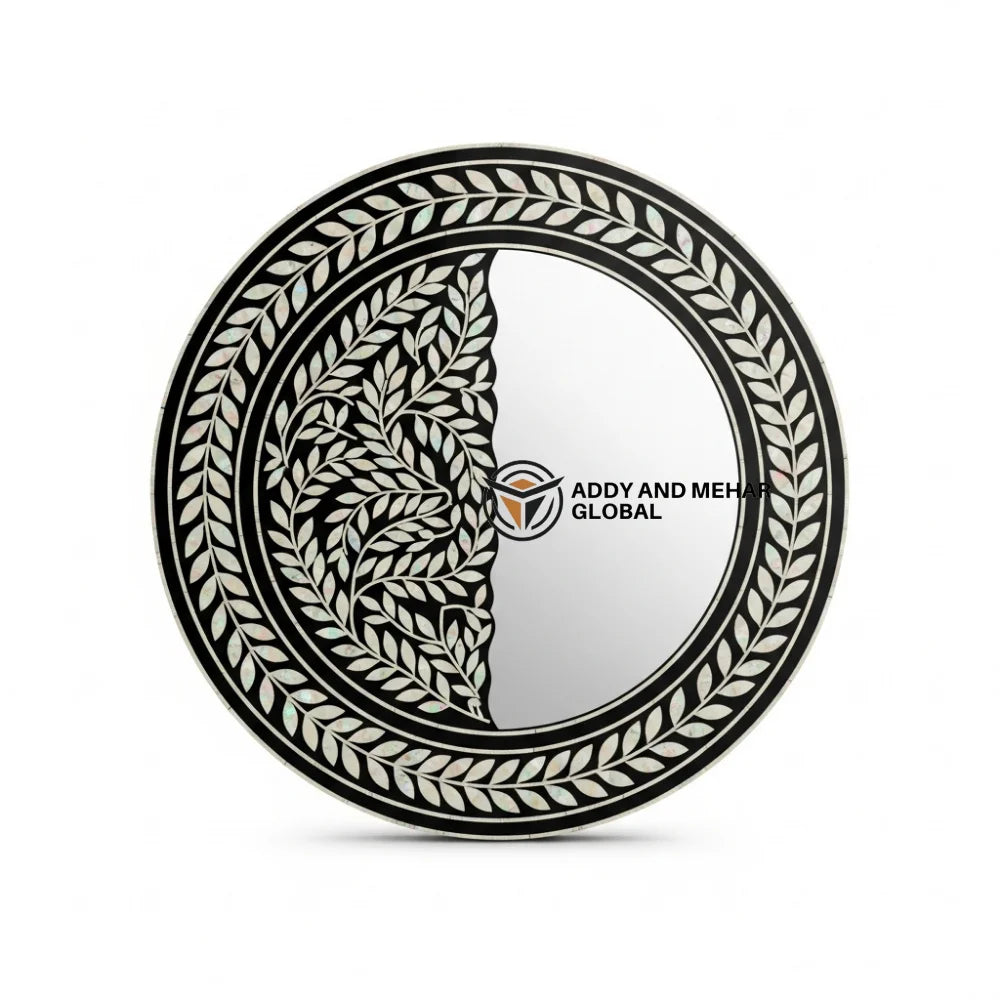 Luxury Round Mother of Pearl Inlay Handmade Shell Wall Mirror with Black Frame Art Deco Design Eco-Friendly Decorative
