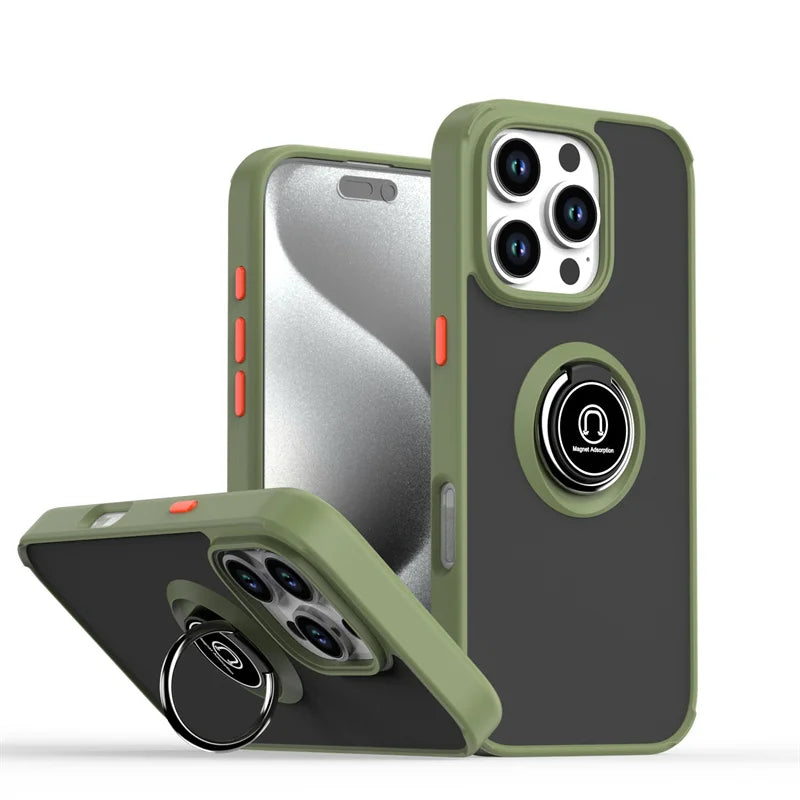 Shockproof Matte Hard PC Armor Case For iPhone 16 15 14 13 12 11 Pro Max Mini XS XR X 16e Car Magnetic Holder Ring Stand Cover