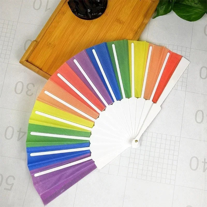 Plastic Hand Crank Fan Foldable Oriental Style Rainbow Silk Fabric Pocket Hand Fans Party Fovor Personality Dance Fan Gifts