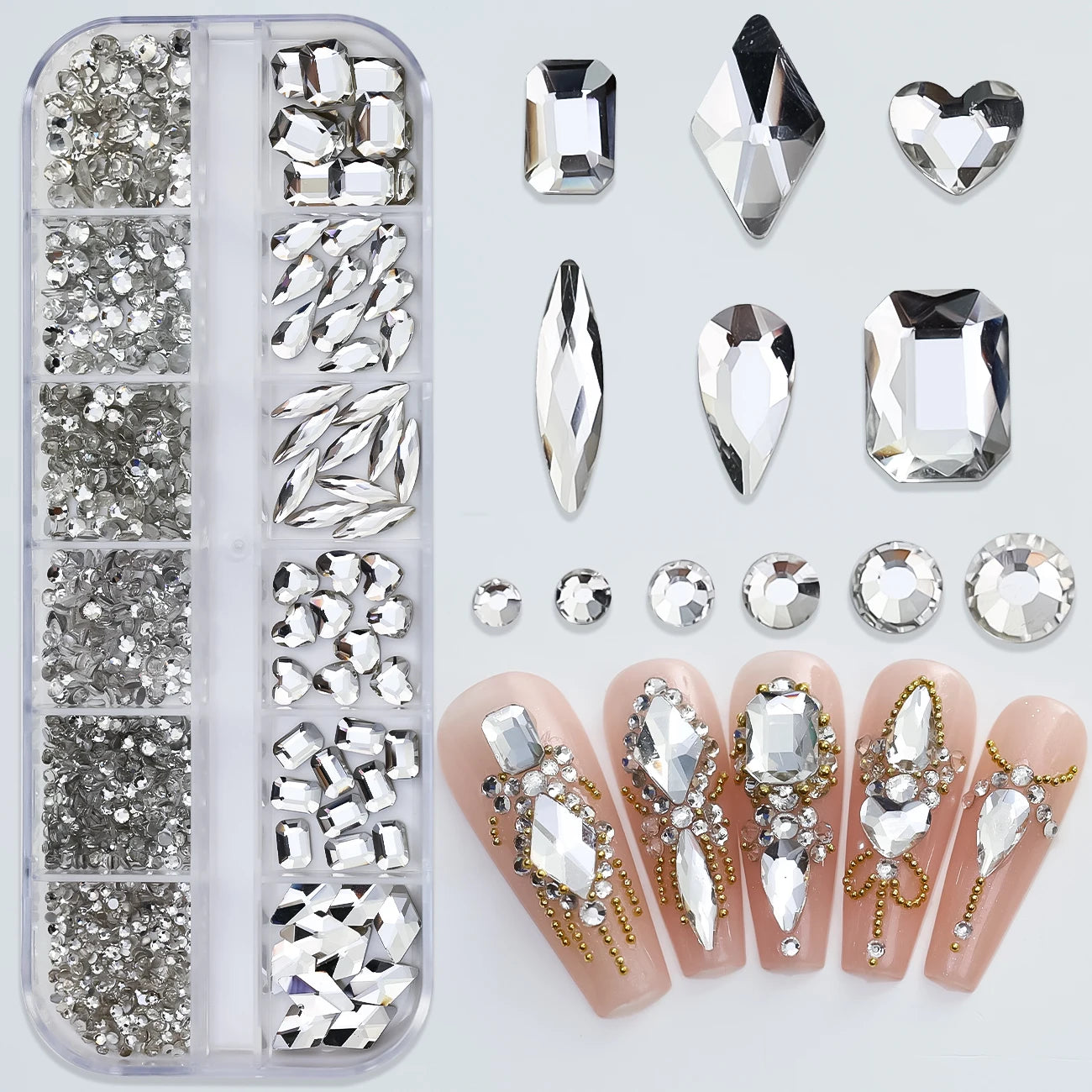 12Grids 3D Pink Nail Art Rhinestones Flatback Glass Gems Stones Nail Art Decorations Luxurious Diamond DIY Manicure Accessories