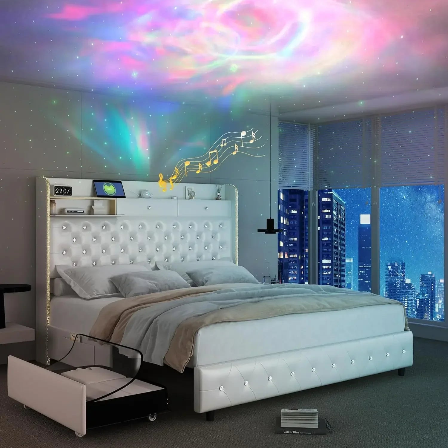 LED Bed Frame with Galaxy Aurora Star Projector and Charging Station, Platform Beds with 52" Diamond Upholstered Customized