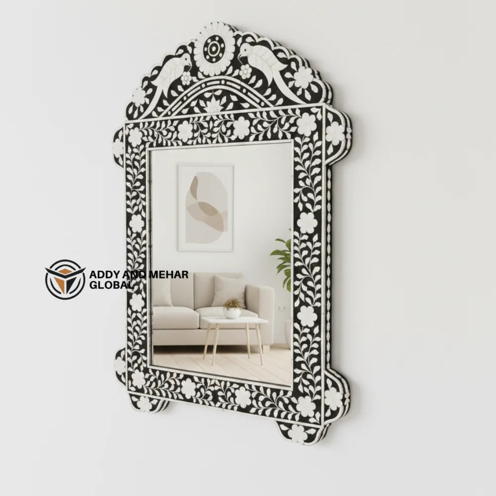 Black in White Bone Inlay Art Deco Eco-Friendly Wedding Wall Mirror Elegant Handcrafted Designer Mirror